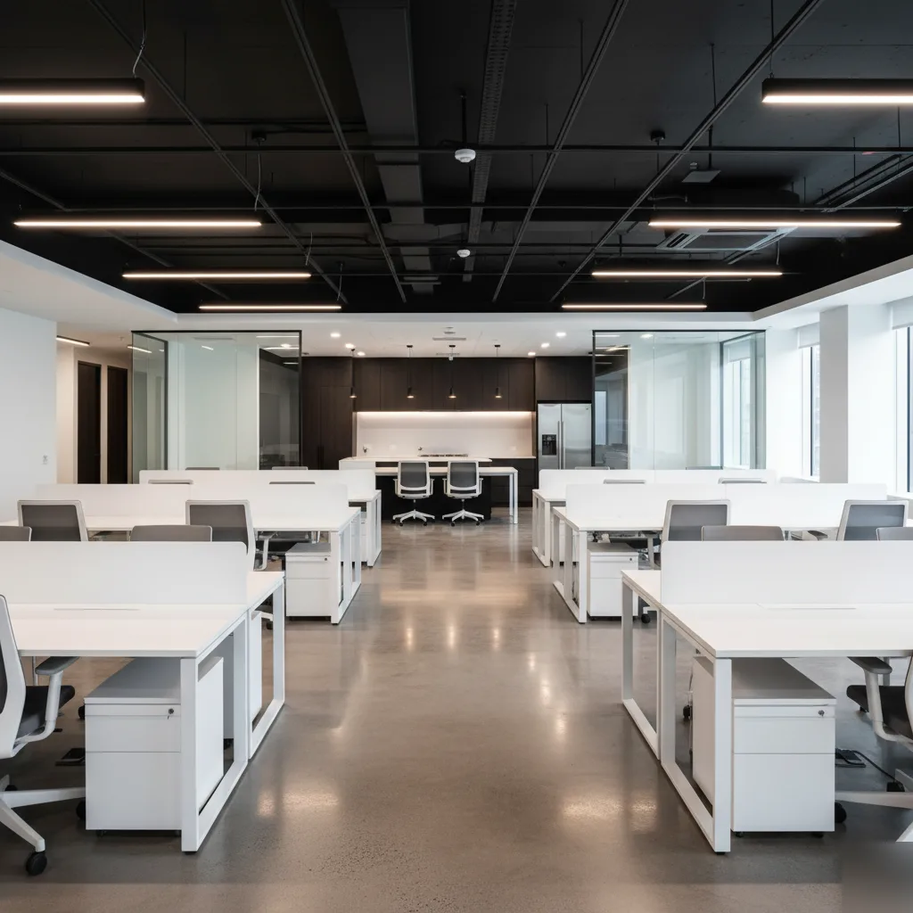 Completed office fitout interior with polished concrete floors in Melbourne
