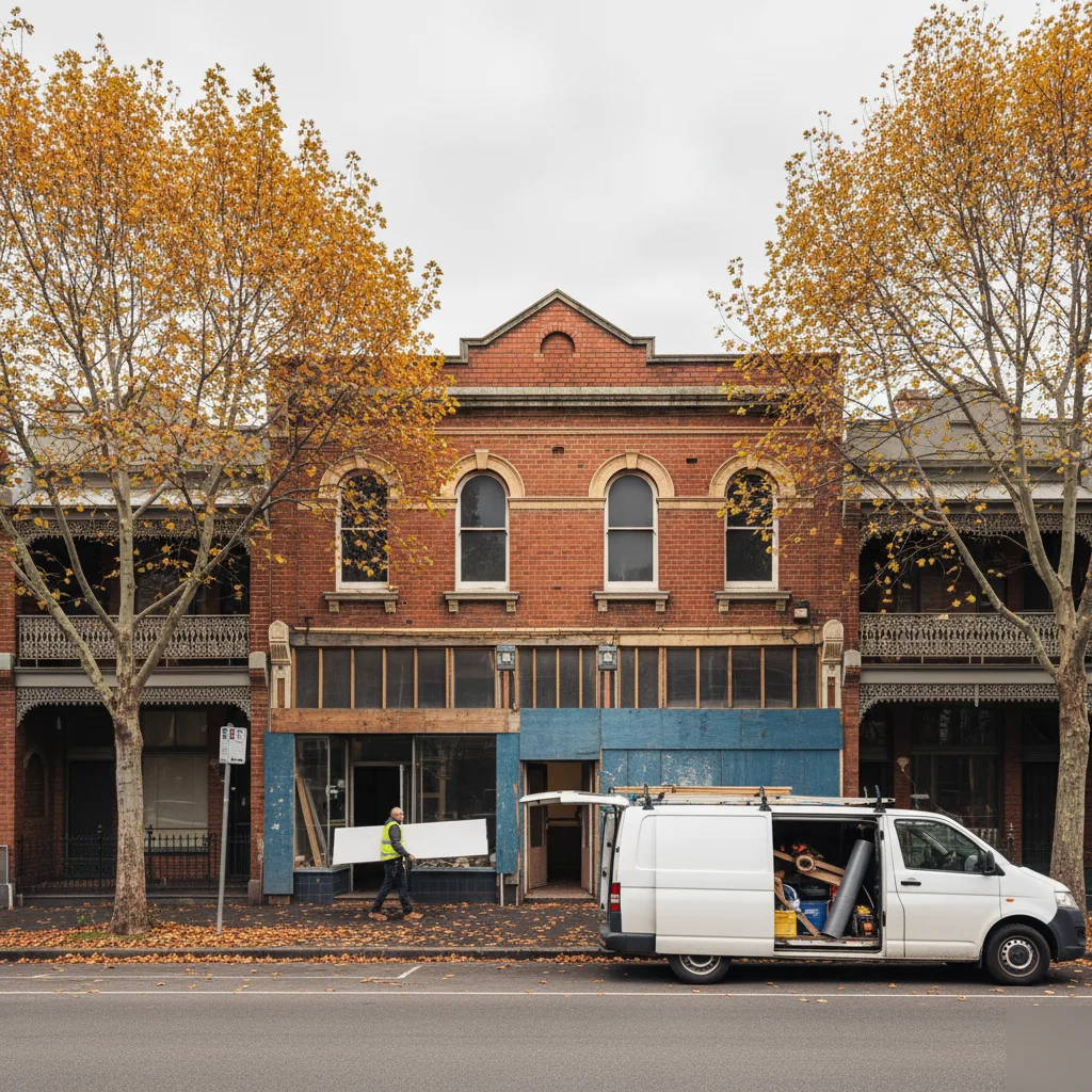 Retail fitout underway on a Melbourne inner-suburb commercial streetscape